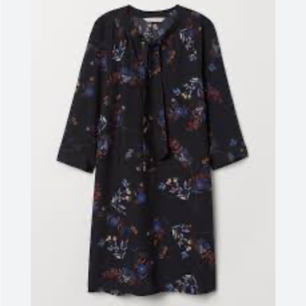 H&M Black Dress with Floral Accents w/ Neck Tie